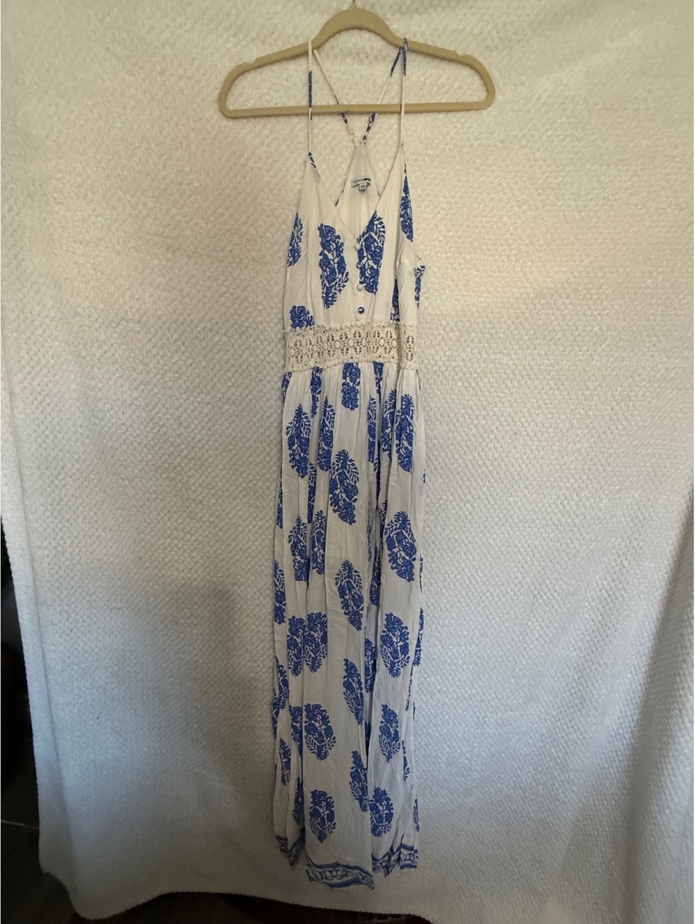 Fashion Nova White and Blue Floral Maxi Dress with Crochet Waist Detail